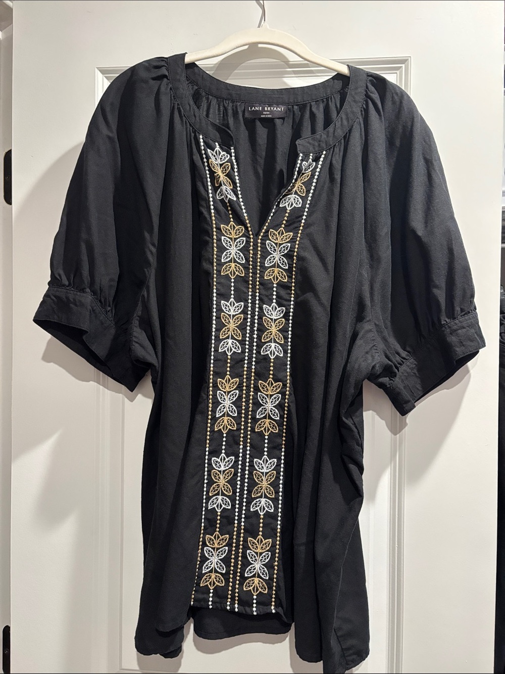 Lane Bryant Black Tunic with Gold & White Floral Embroidery